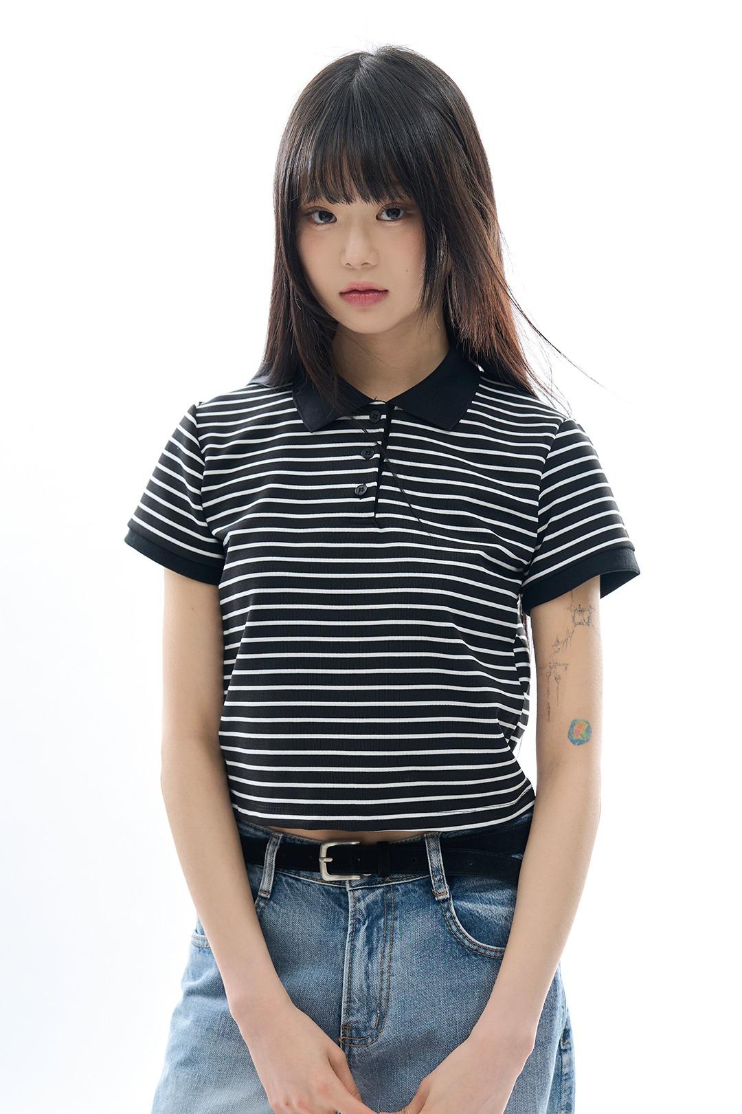 도버 스트라이프 크롭 폴로 티
