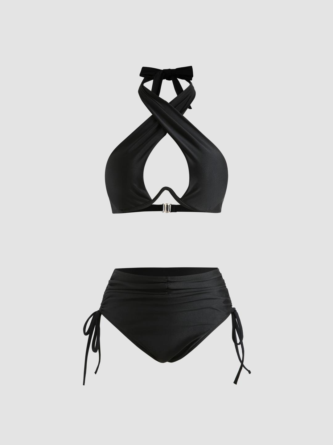 Solid Criss Cross Halter Underwire Bikini Set
