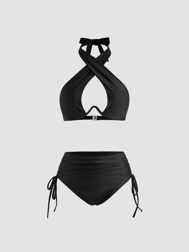 Solid Criss Cross Halter Underwire Bikini Set