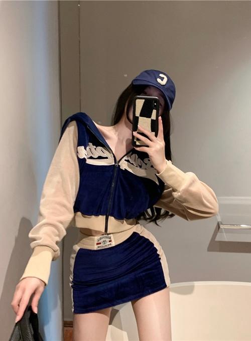 [세트] 벨벳 투피스 후드 집업 야구 점퍼 + 벨벳 미니 스커트 테니스 트레이닝 운동복