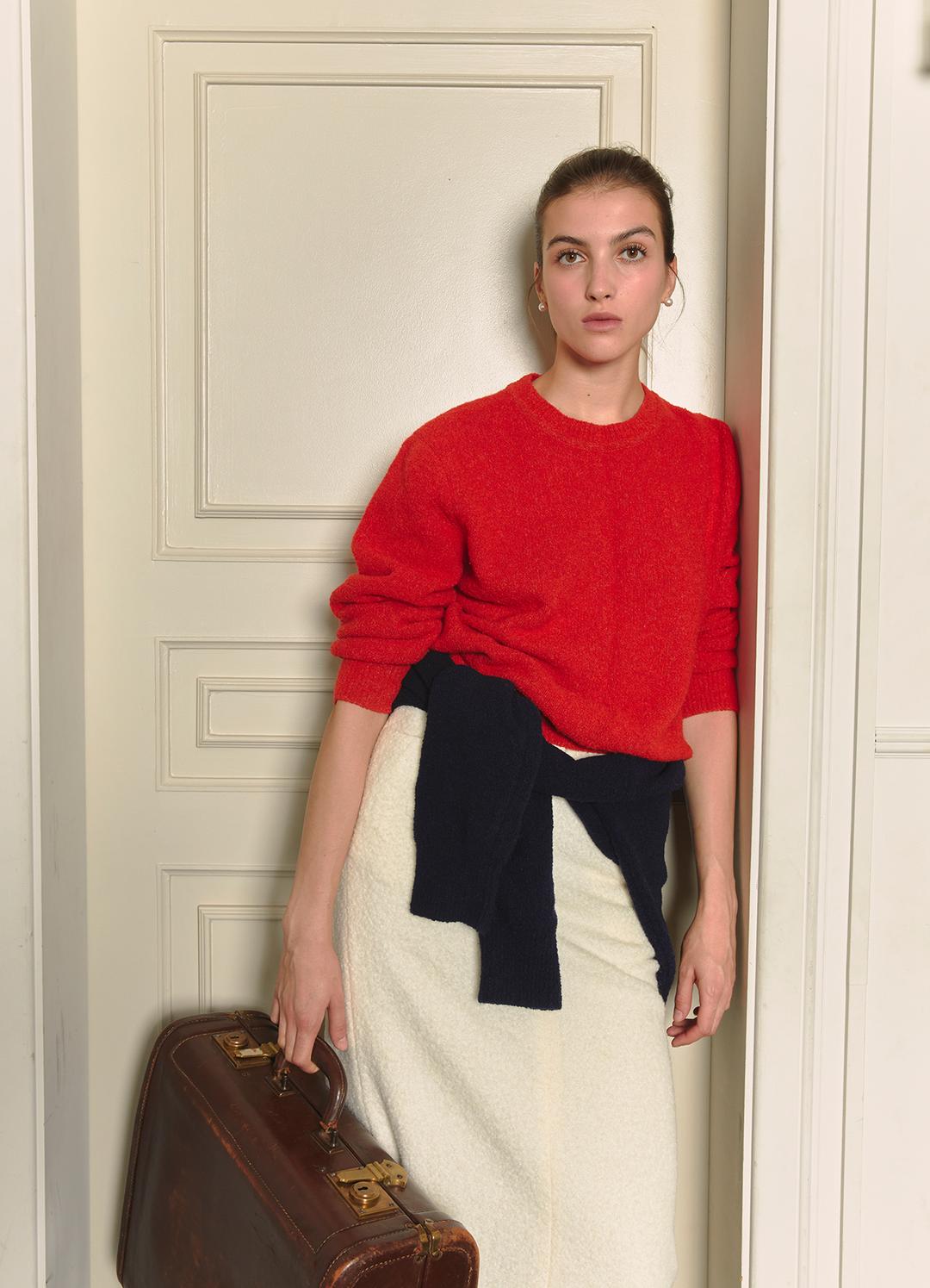 Merino Wool / Baby Alpaca  Blend Round Knit  Sweater_Red