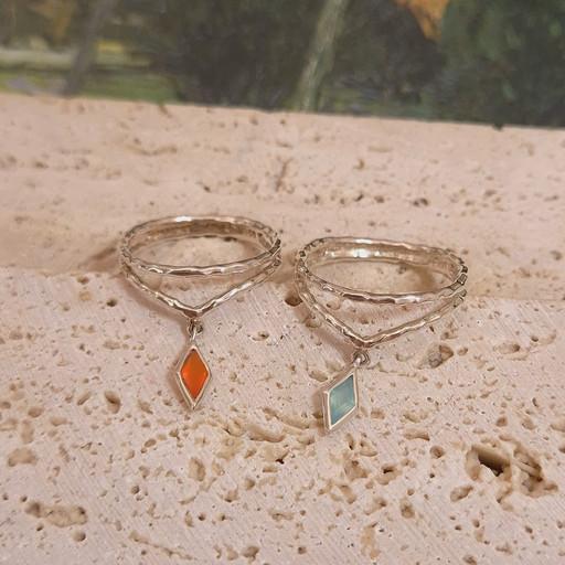 커넬리언 & 칼세도니 마름모 드롭 두 줄 원석반지