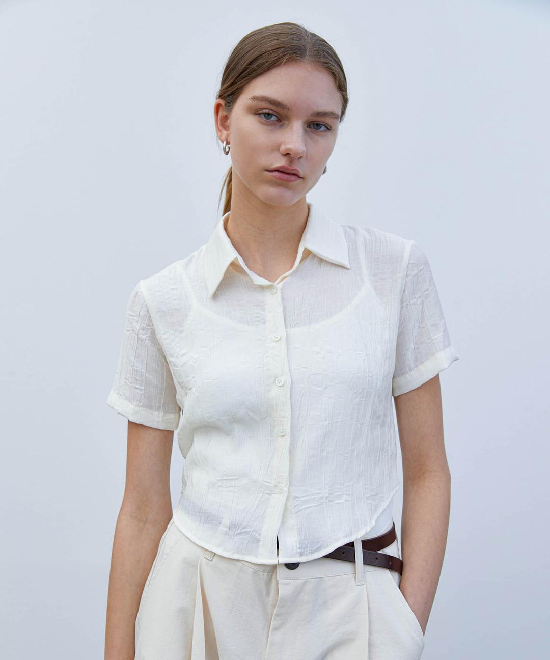 Woman crop summer pleats shirts_Natural cream