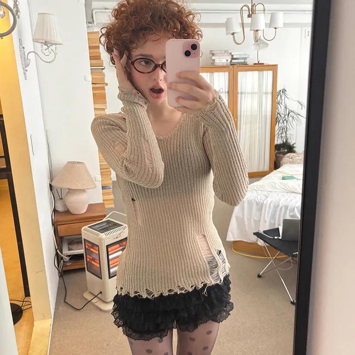 Tear brush slim knit (Beige)