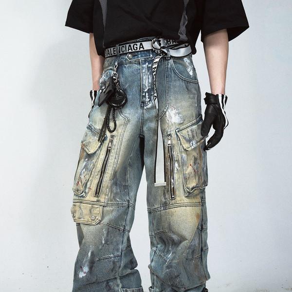 Graffiti Multi-Pocket Blue Wide-Leg Jeans
