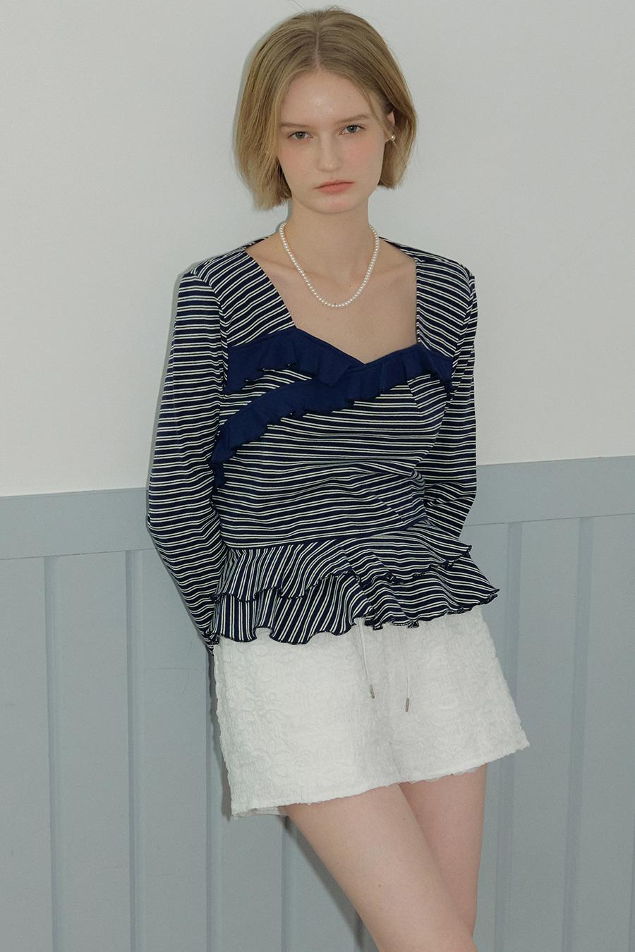 FRILL STRIPE T-SHIRT - NAVY