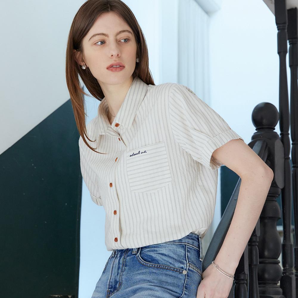 어다울 Vintage stripe wood button shirts - blue