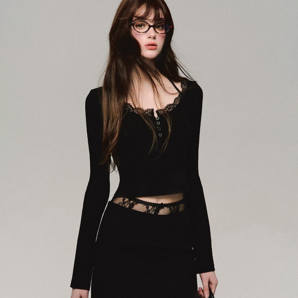 OAKMOO 티셔츠 블랙 레이스 골지 롱슬리브 크롭 티셔츠