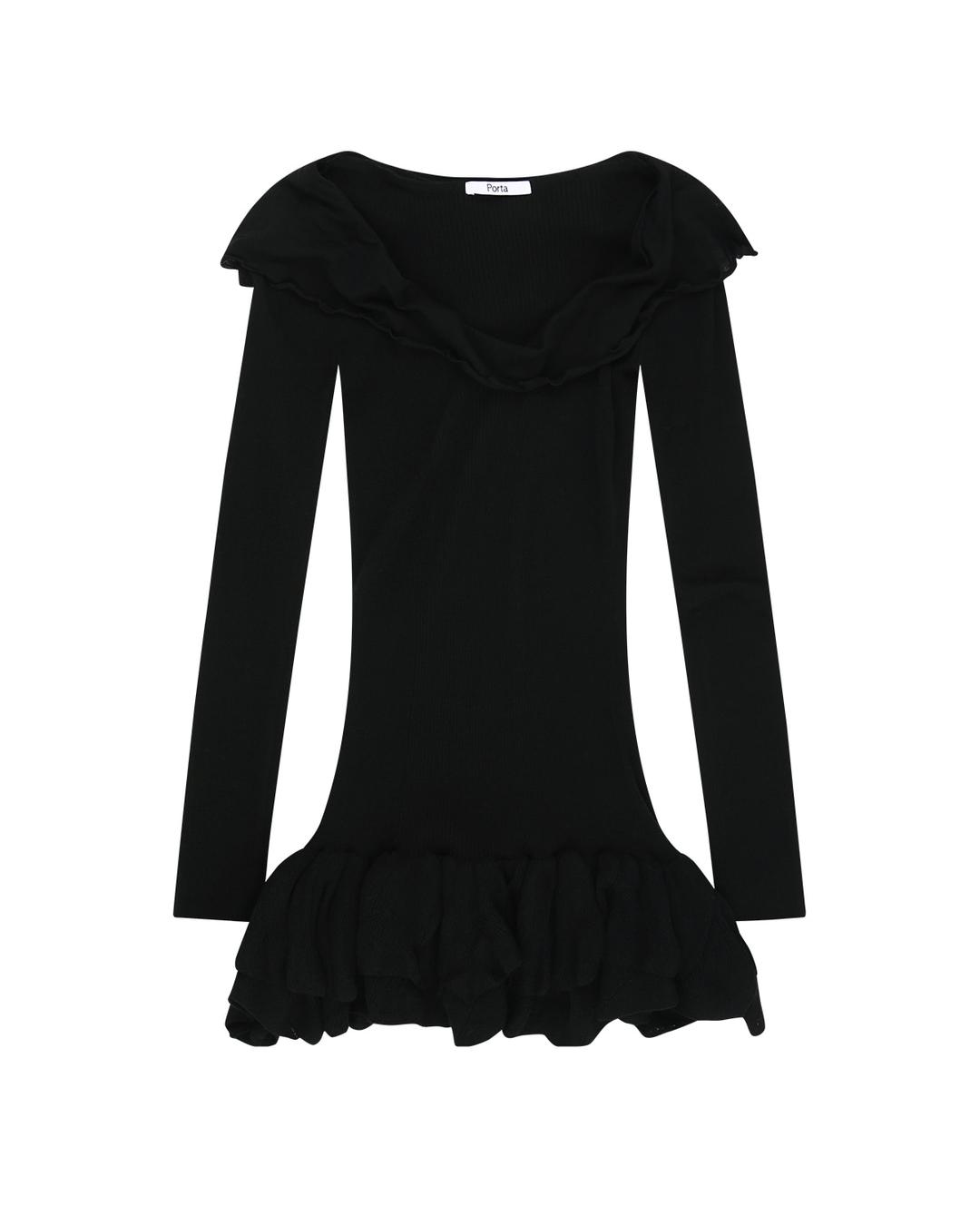 OFF-SHOULDER HOODED KNIT MINI DRESS, BLACK