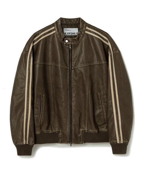 빈티지 트랙 바이커 레더 점퍼 - 브라운