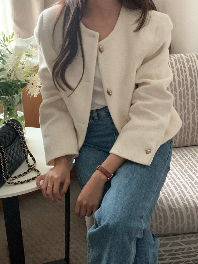 (당일) Comehere 컴히얼 링 트위드 가을 골드 버튼 프리미엄 원단 노카라 하객룩 트위드 자켓 jk (2 Color)