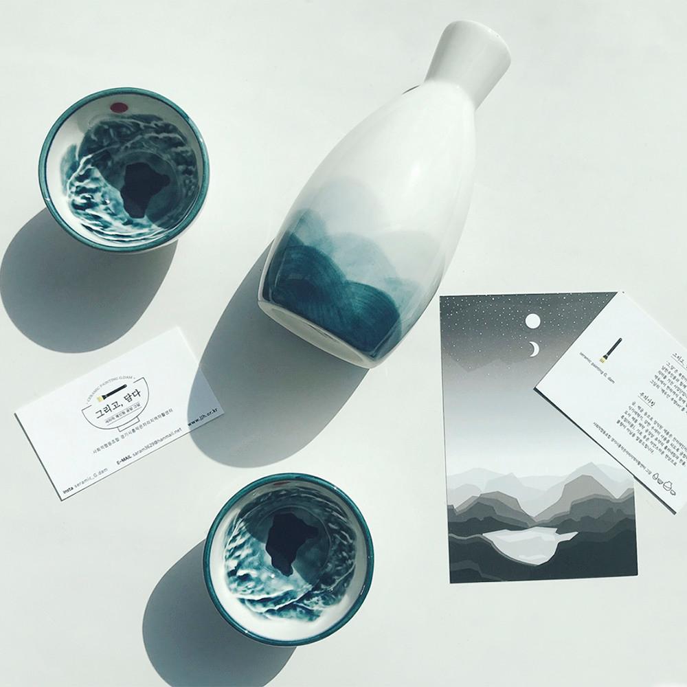 그담 백두산 천지 도자기 주병 세트 선물 포장 도쿠리 술병 술잔 사케잔 어버이날