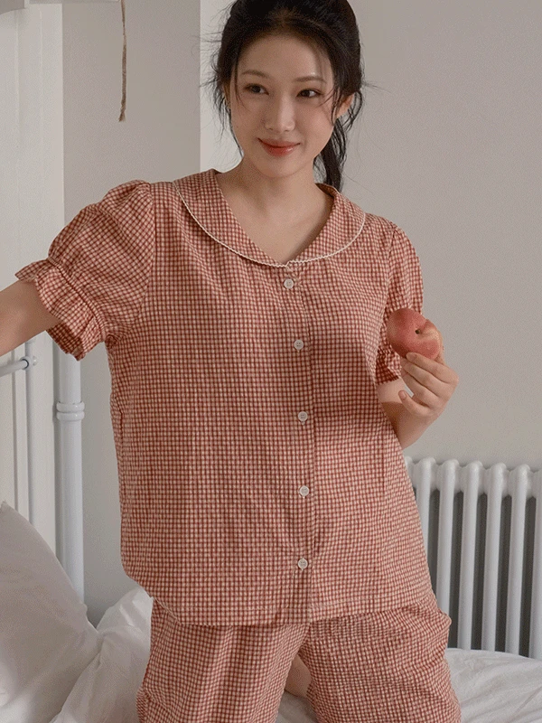 J'eu 유어 무드 체크 커플 반팔 파자마 잠옷 세트 2color