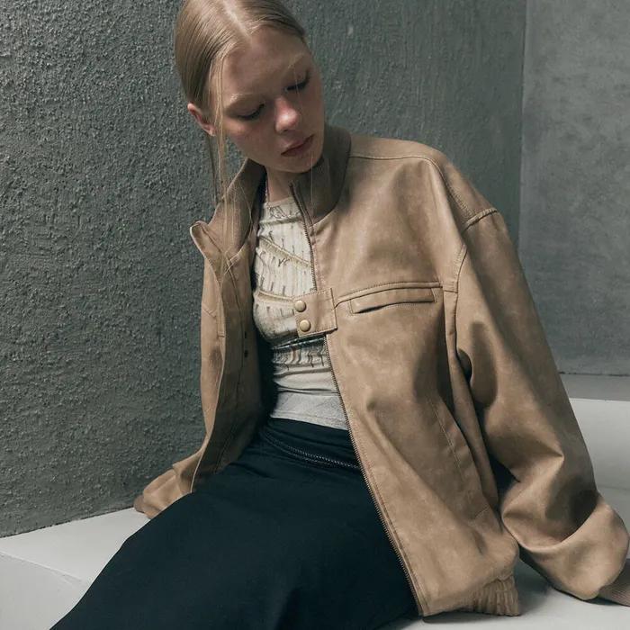 워싱 레더 하이넥 블루종 자켓 [BEIGE]_SEJK024BEIGE