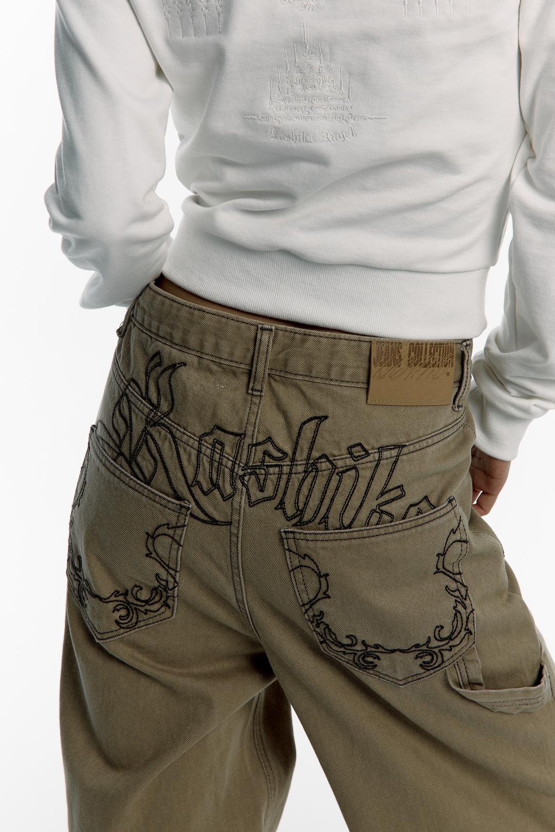 (10/10 Pre-Order) Embroidered Washing Denim Pants Beige