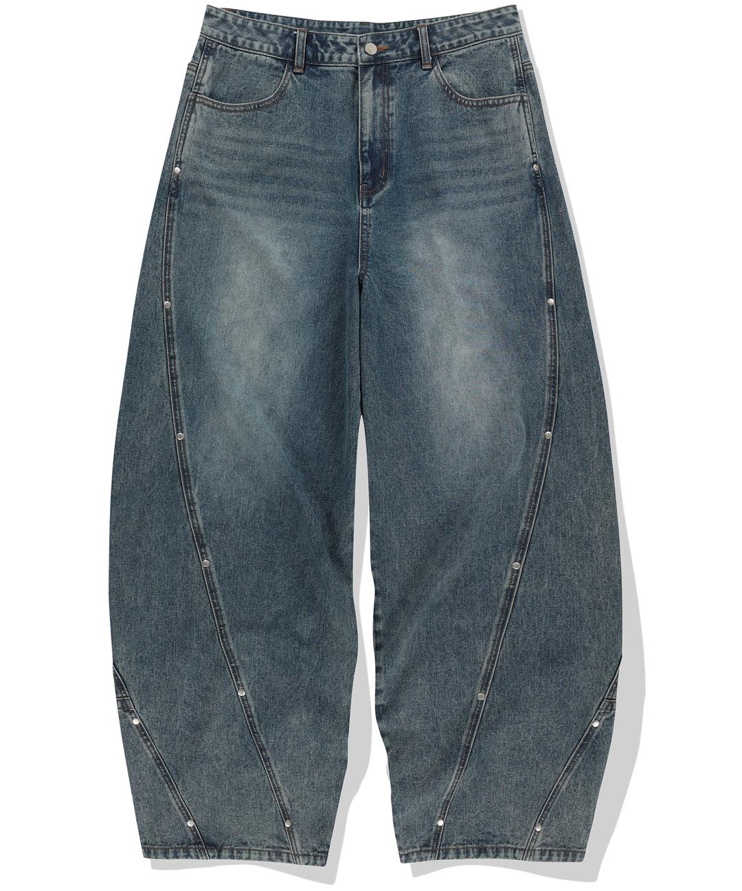 Stud Incision Curved Denim Pants - Deep Blue