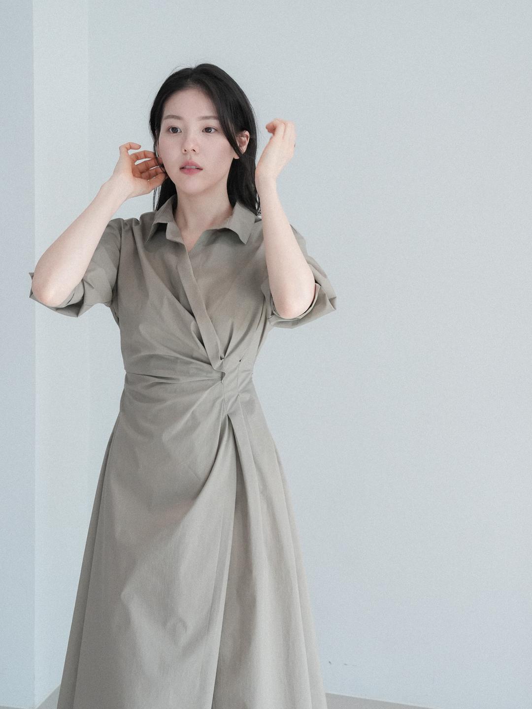 [NouArté] 베일 셔츠 원피스 (라이트 카키)