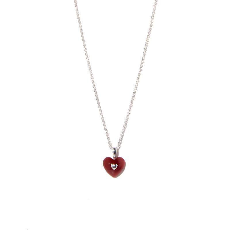 VERY VINTAGE TINY RED SILVER HEART PENDANT NECKLACE