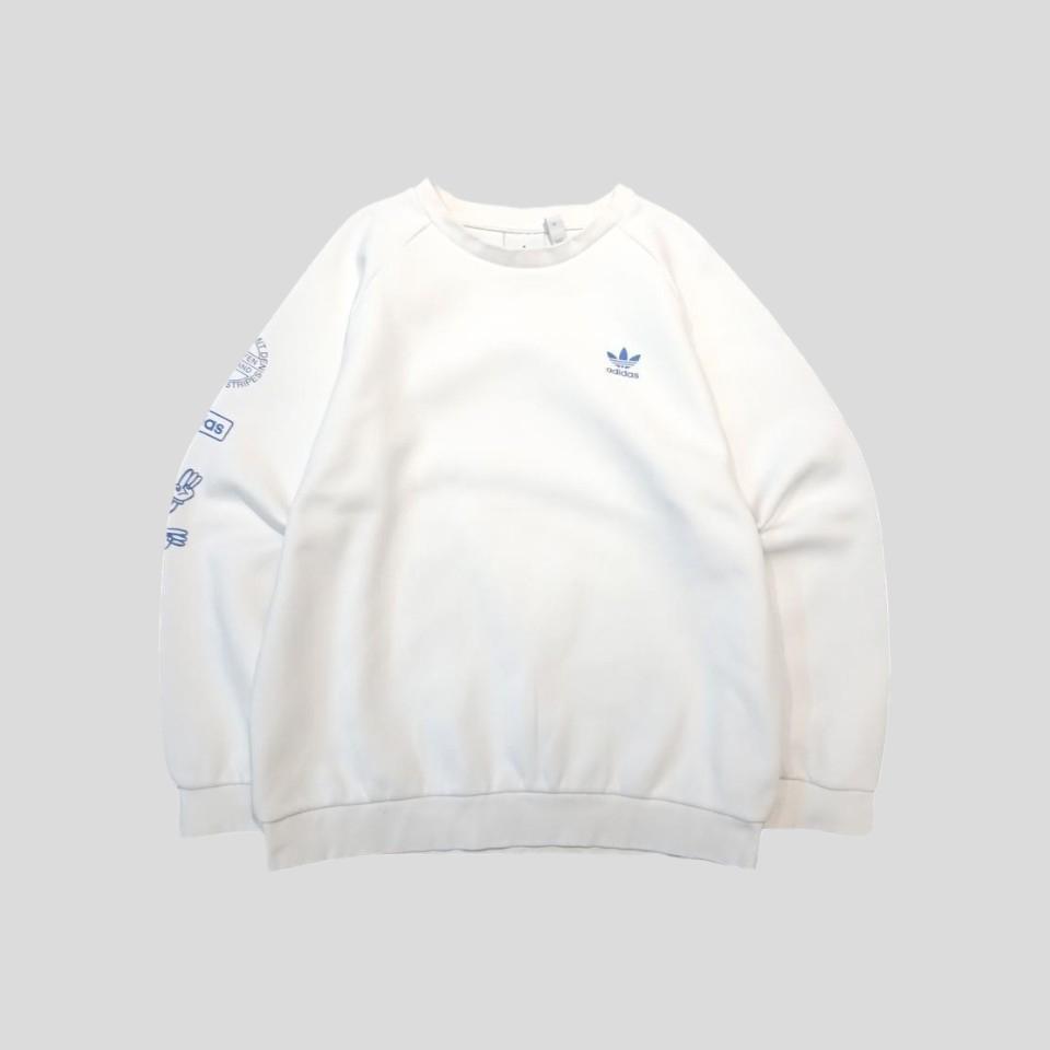 아디다스 크림 화이트 블루 그래픽 암프린팅 코튼 블렌드 레글런 스웻 맨투맨 티셔츠 L