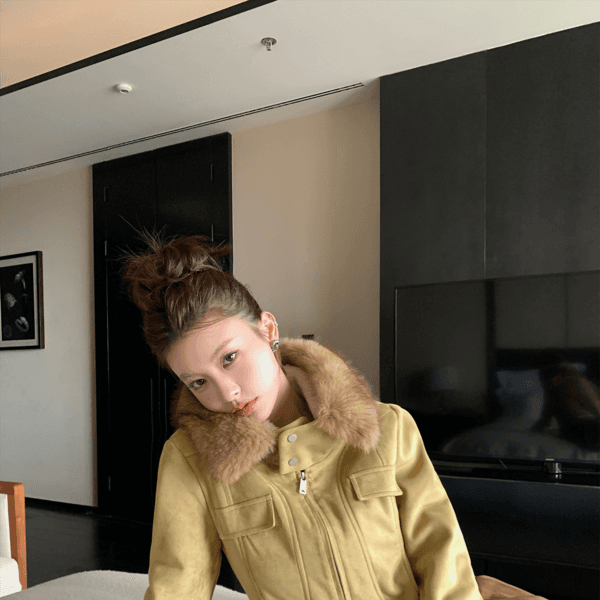 LIN Warm Vintage Khaki Short Eco-Friendly Fur Jacket