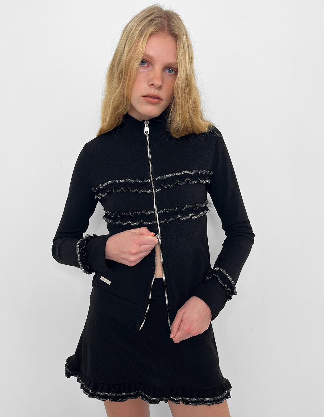 SHIMMER FRILL HIGH-NECK JACKET, BLACK