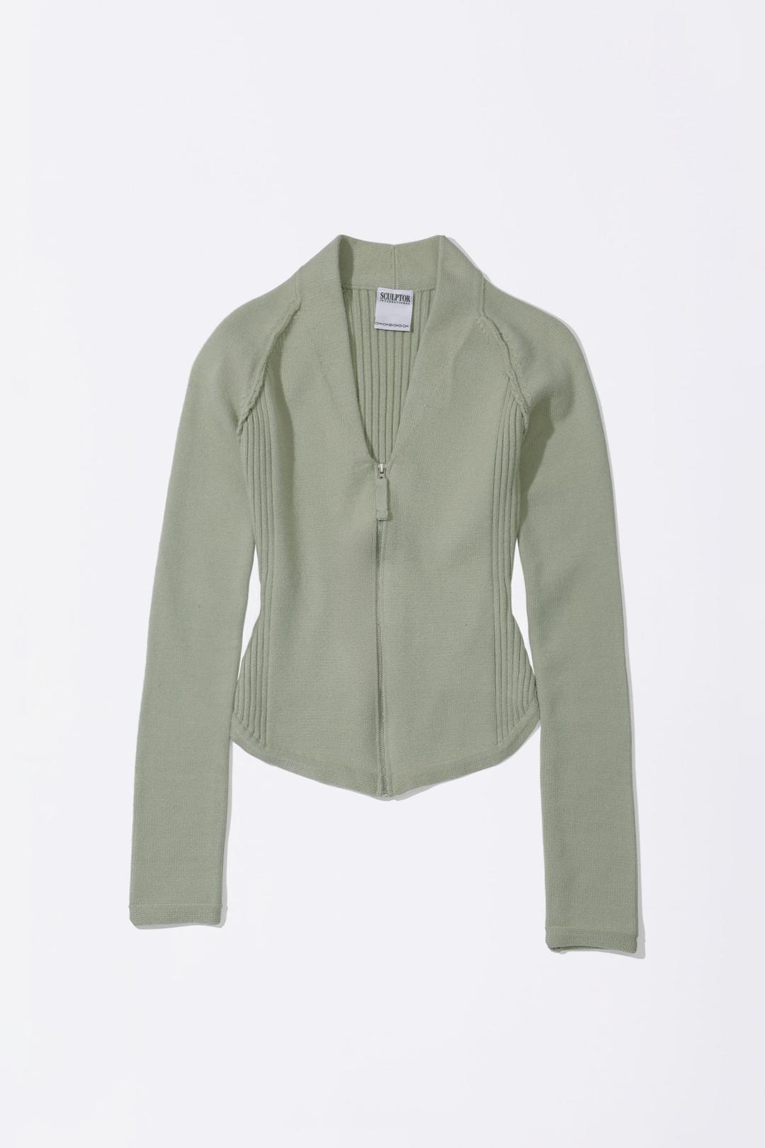 Open Collar Knit Zip-Up Pale Mint