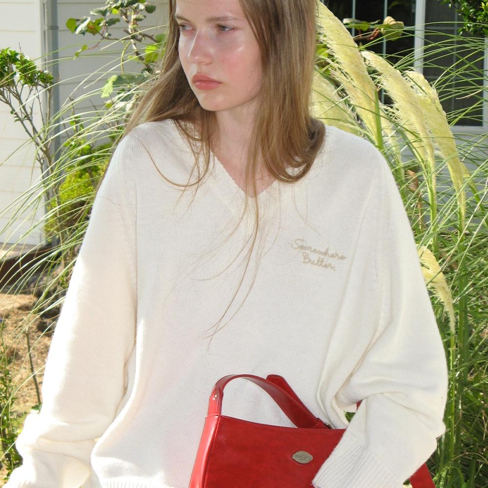 small letter logo v-neck knit - ivory