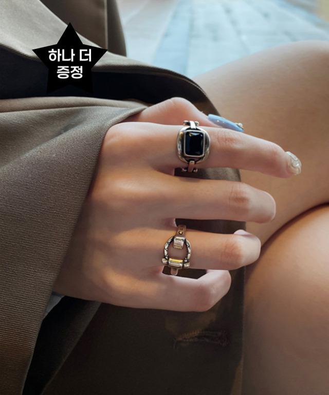 [1+1] 일더하기일 실버 925 블랙사파이어 스퀘어 앤 볼드 체인 레이어드 은 반지