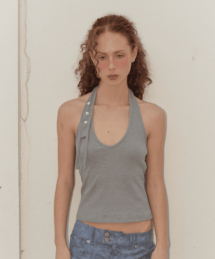 SHELL BUTTON HALTER SLEEVELESS - GREY
