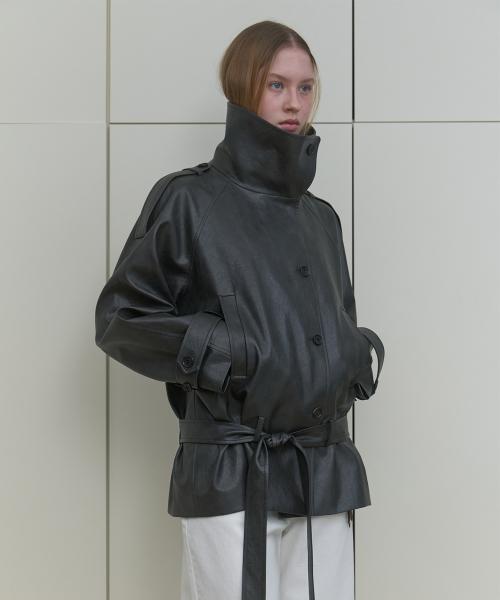 HIGH NECK LEATHER JACKET_CHARCOAL