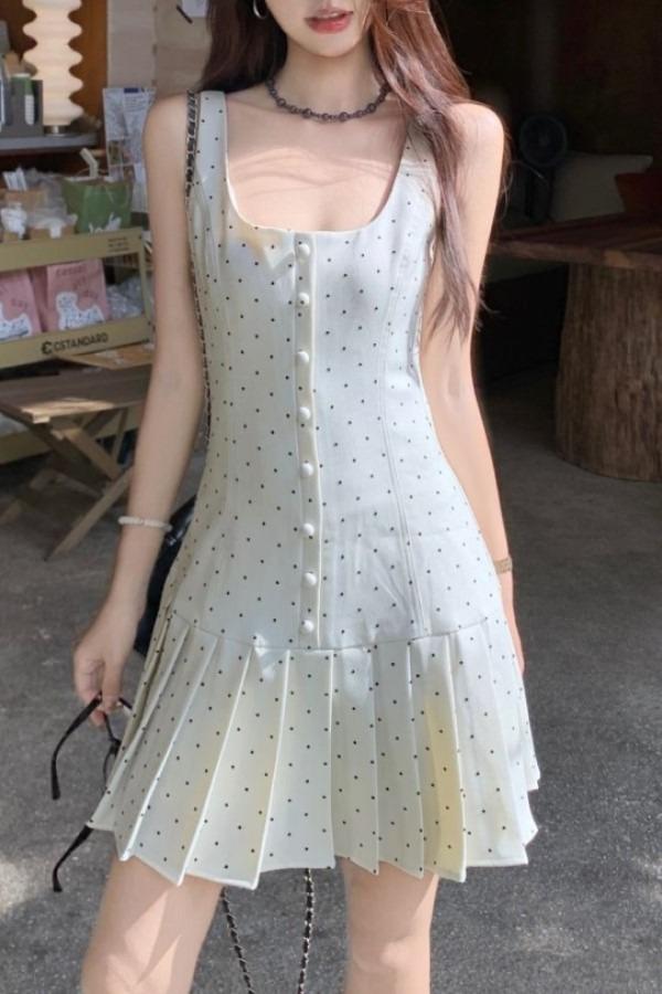 핑크프릴 라디 폴카 도트 스퀘어넥 민소매 나시 플리츠 정장 미니원피스