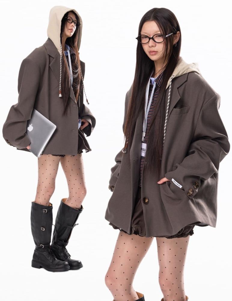 JIKOO 탈부착 스트링 후드 더블브레스트 블레이저