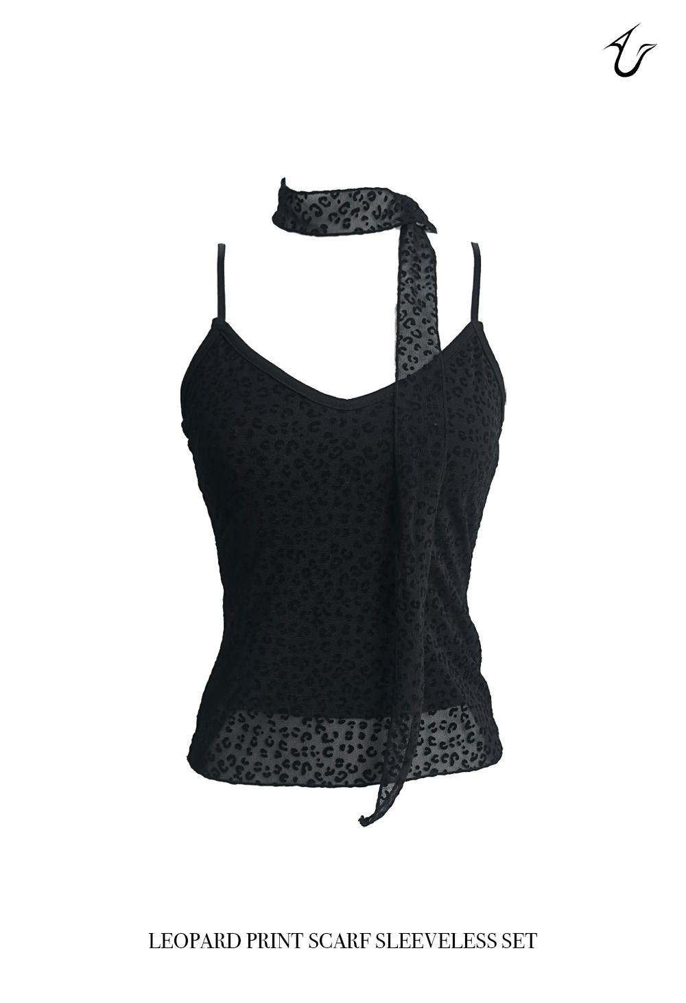[set] leopard print scarf sleeveless set