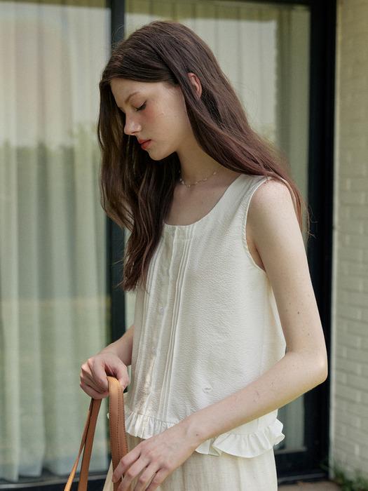 Seersucker pintuck line sleeveless blouse - white