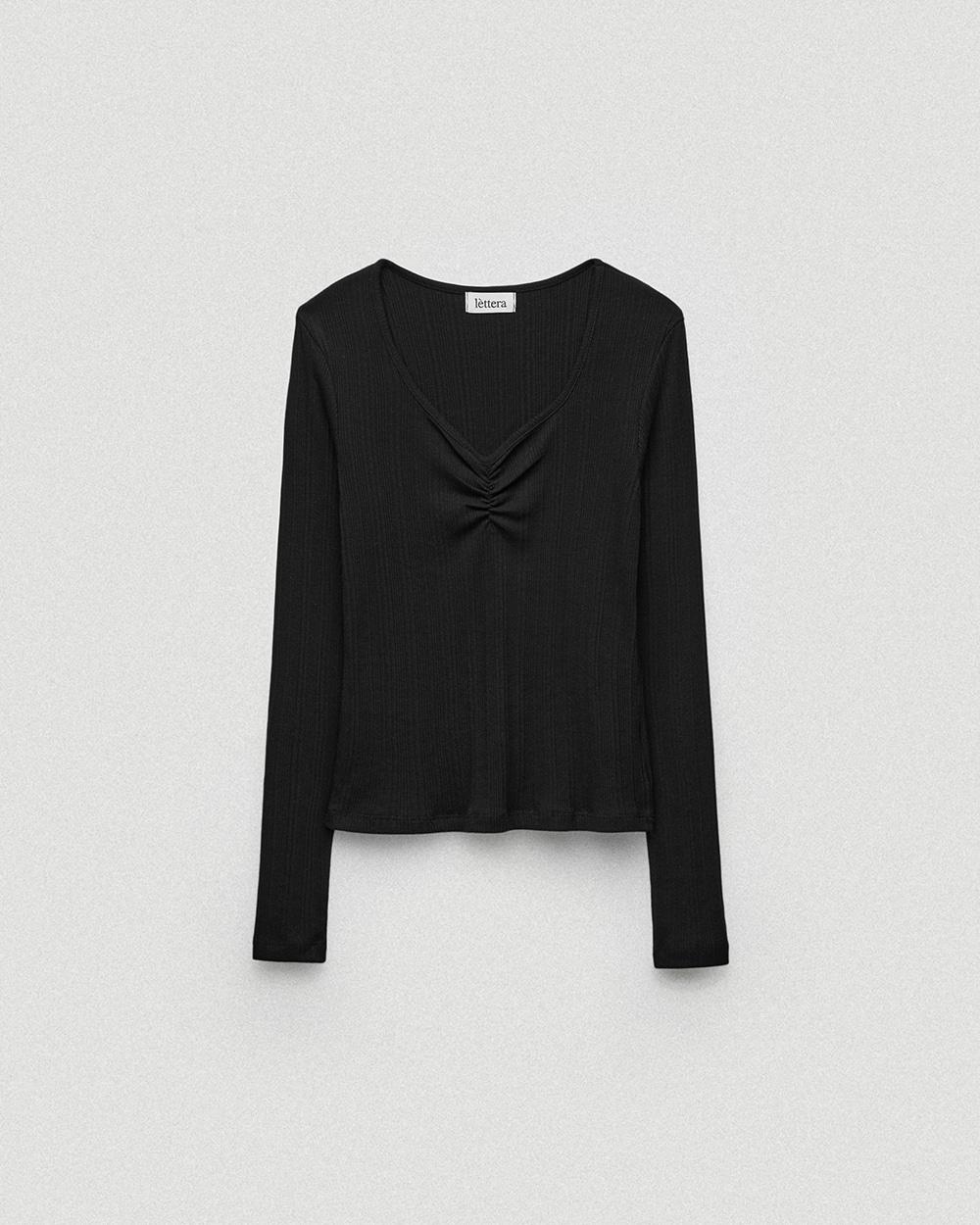 Ribbon Shirring Long Sleeve T-shirt