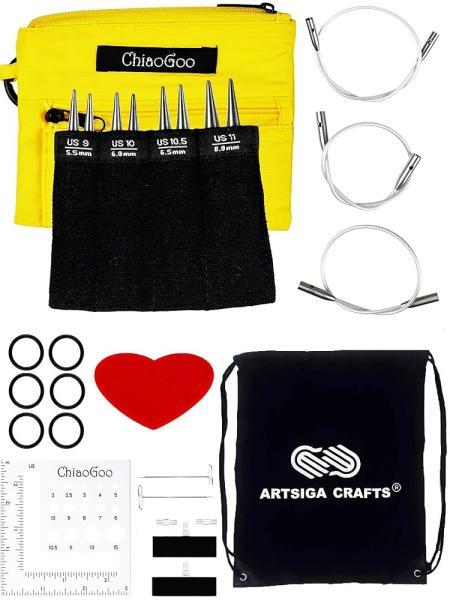 ChiaoGoo Twist Red Lace Shorties 7.6cm(3인치) 라지 옐로우 7230-L 교체 가능한 뜨개질 바늘 세트, 미국 9, 10, 10.5, 11 스테인리스 스틸, Swiv360 케이블 3개 번들, Artsiga Crafts 프로젝트 백 1개 포함