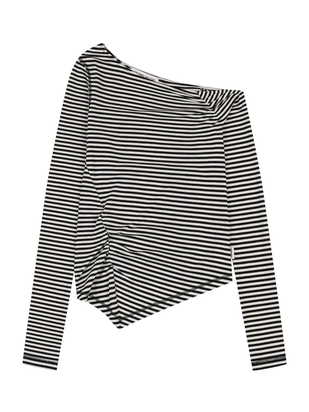 STRIPE ASYMMETRIC SHIRRING T-SHIRT [IVORY]