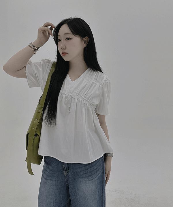 #13602 브이넥 셔링 반팔 블라우스 : 4color