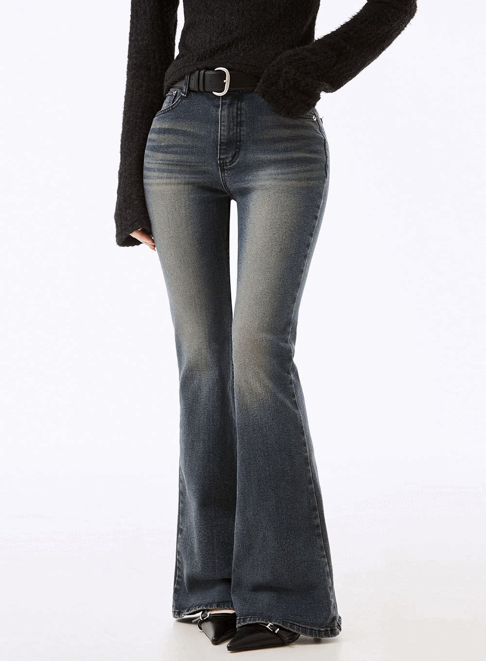 플라드 워싱 부츠컷 데님팬츠