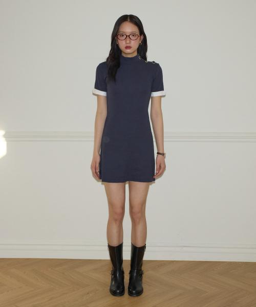 Button Point Short Sleeve Mini Dress_ Navy