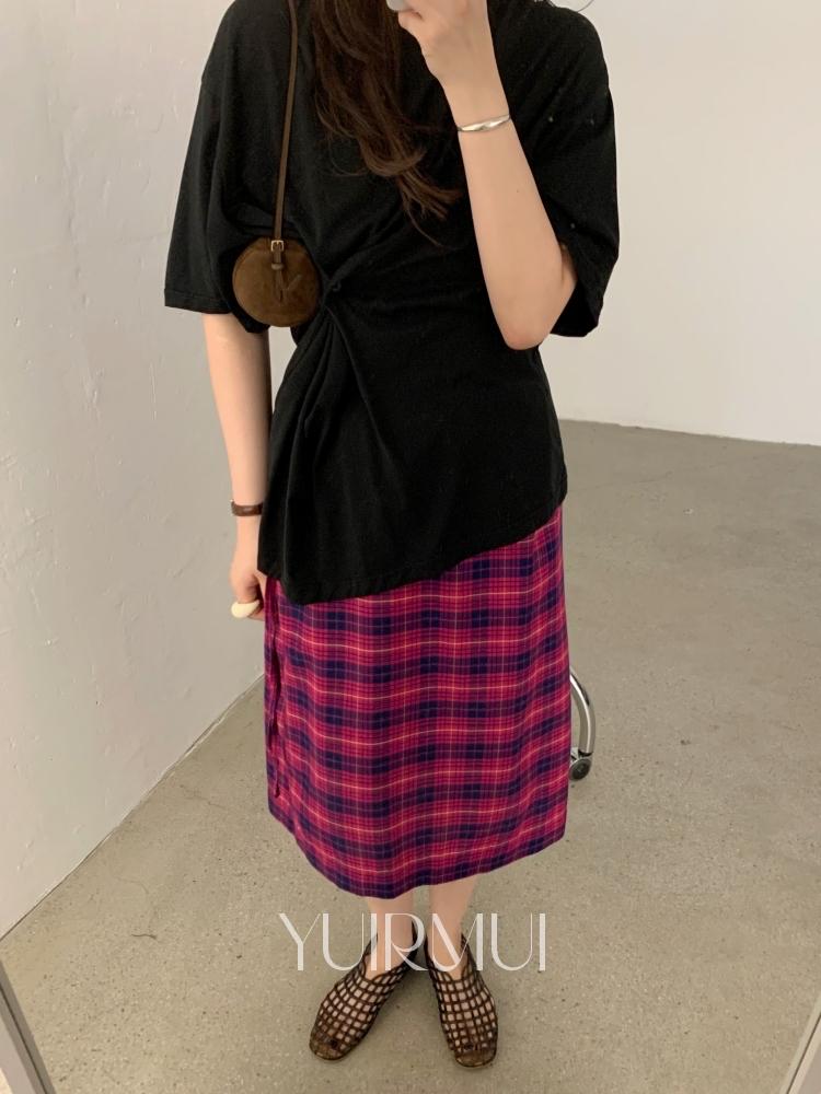 유이르무이 basket 바스켓 누누 체크 A라인 밴딩 미디 롱 스커트 2color