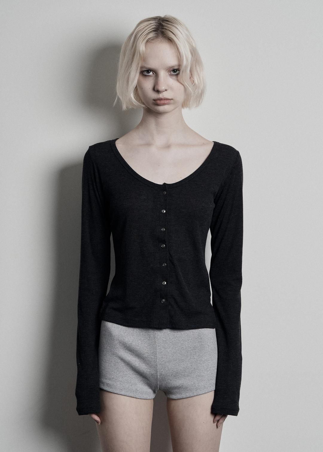 BASIC SCOOPED BUTTON CARDIGAN, CHARCOAL