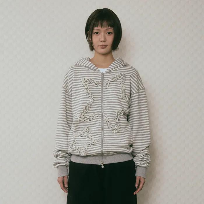 DD star ruffle stripe hoodie zip-up (IVORY)