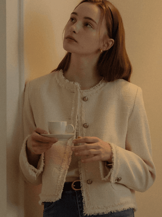 Tassel lace point tweed jacket_Ivory