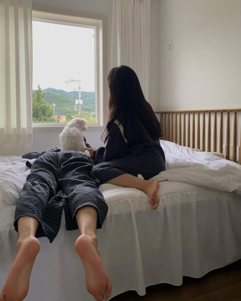 부부상점 꽁 도트 원피스 커플 파자마 커플 잠옷 신혼부부 긴팔 잠옷 홈웨어