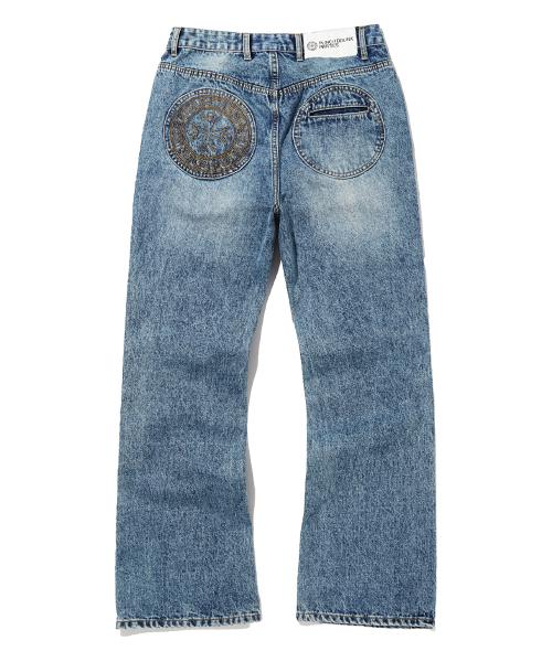 Patched Pocket Semi Flare Denim Pants (BLUE)