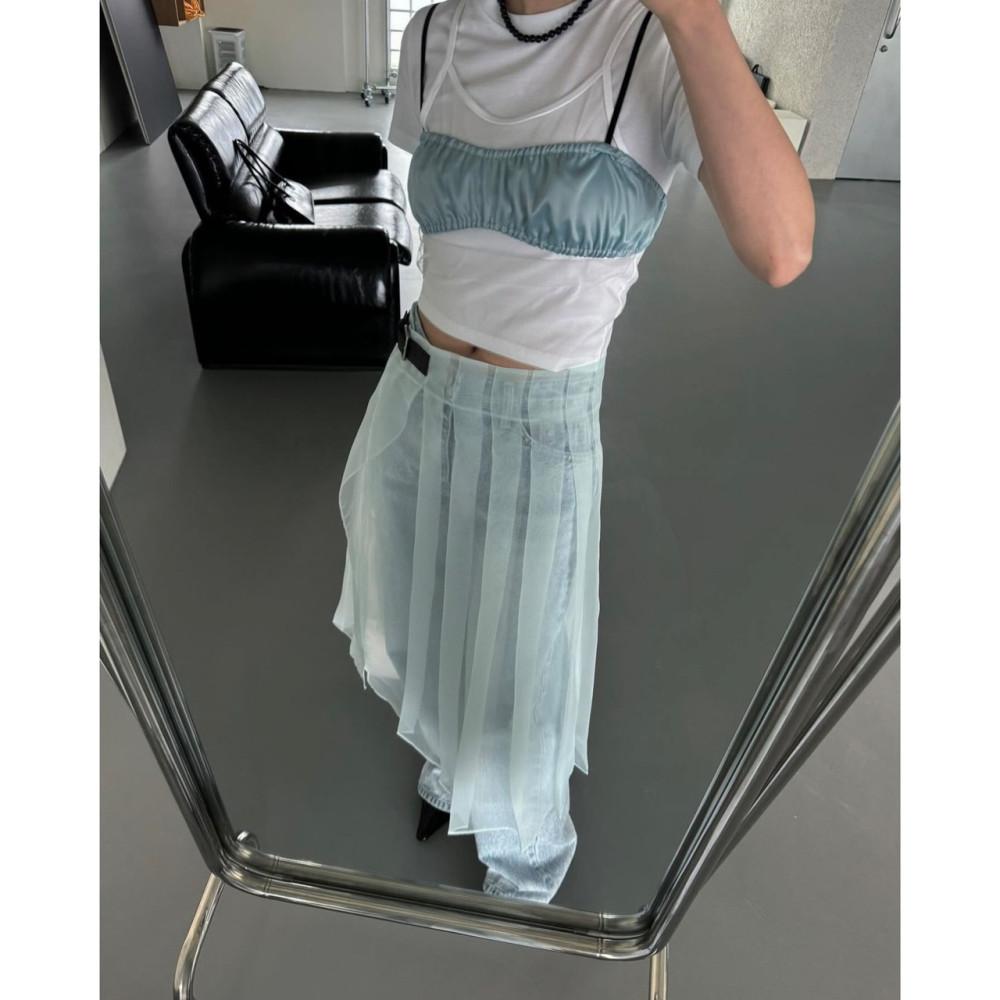 (회색 당일) eggis 에그이즈 오간자 벨트 스커트 시스루 플리츠 레이어드 롱 sk (3c)