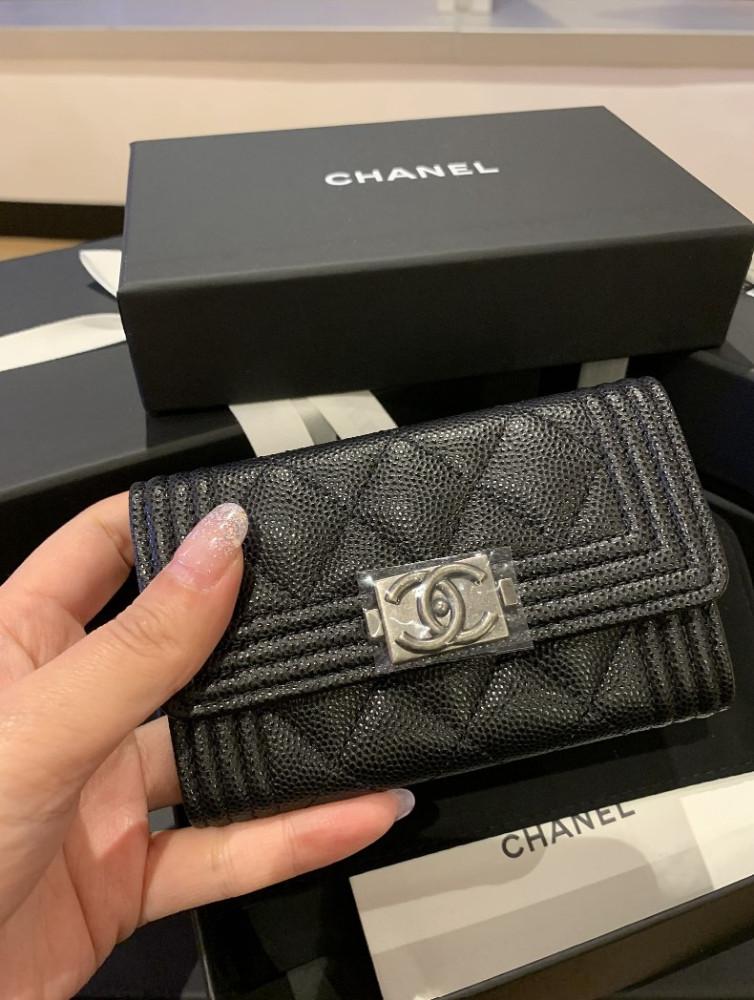 CHANEL 샤넬 보이 캐비어 똑딱이 카드지갑 빈티지 금장 은장