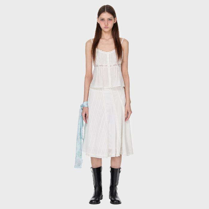 Lace Paneled Midi Skirt, WHITE
