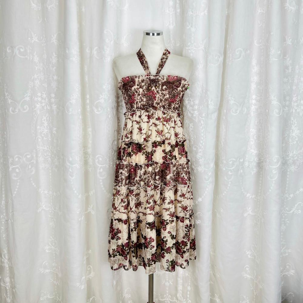 [중고] 1593 쉬폰 플라워 패치워크 투웨이 홀터넥원피스